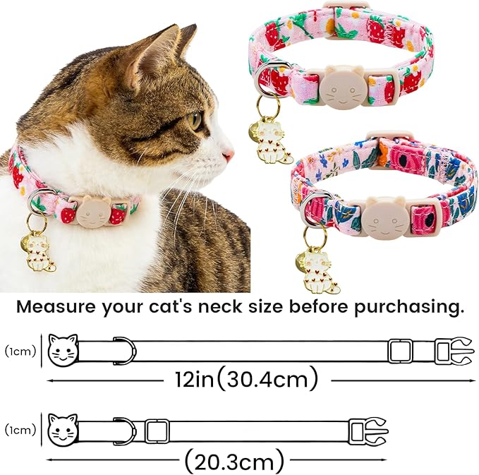 Spring Cat Collar-2 Pack Collars Strawberry and Flower Print Breakaway with Kitten and Bell Pendant Safety Buckle Adjustable Pet Collar Gift for Cats and Small Pets