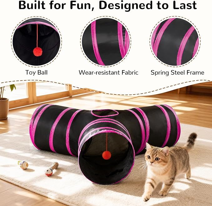 Tempcore Pet Tube Toys 3 Way Collapsible, Cat Tunnels for Indoor Cats，Kitty Bored Pet Toys with Peek Hole & Ball Cat, Puppy, Kitty, Kitten, Rabbit, Rose Red
