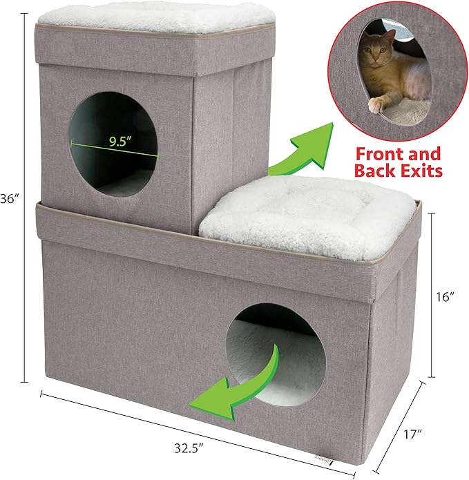 Kitty City Large Stackable Cat Condo & Cube House, Modular Indoor Cat Furniture with Plush Washable Beds, Collapsible Cat Cave & Lounging Ottoman, Tan