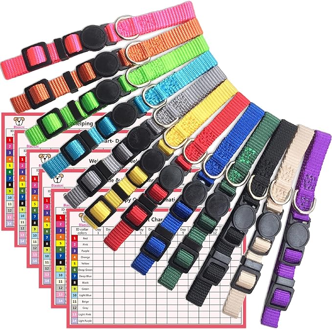 Puppy Collars for Litter,Puppy Collars for Small Puppies Soft Nylon Safety Whelping Litter Collar for Newborn Pets with Record Keeping Charts 12pcs(S)