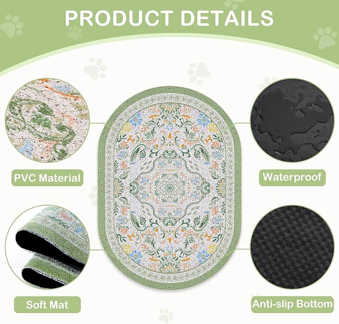 Bienbee Cat Litter Mat, 24" x 15" Litter Box Mat Rug with Non-Slip Bottom,Urine and Water Proof, Easy to Clean Cat Supplies Essentials for Indoor Kitty Kitten Floor, Bean-Green M