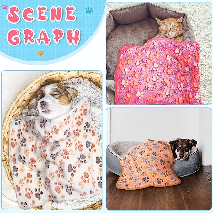 Tatuo 4 Pcs Dog Blanket for Pet Cat Blankets Indoor Puppy Teething Stuff Toys Paw Print Fleece Soft Blanket Sleep Mat for Guinea Pig Cage(White,Small(24 x 16 Inch))