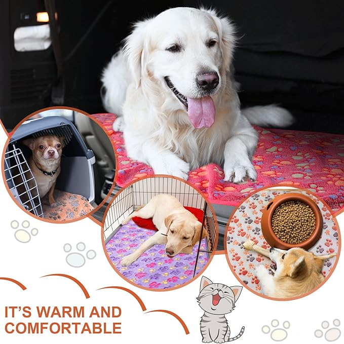 Tatuo 4 Pcs Dog Blanket for Pet Cat Blankets Indoor Puppy Teething Stuff Toys Paw Print Fleece Soft Blanket Sleep Mat for Guinea Pig Cage(White, Coffee, Pink, Purple,Midwest (24 x 47 Inch),Square)