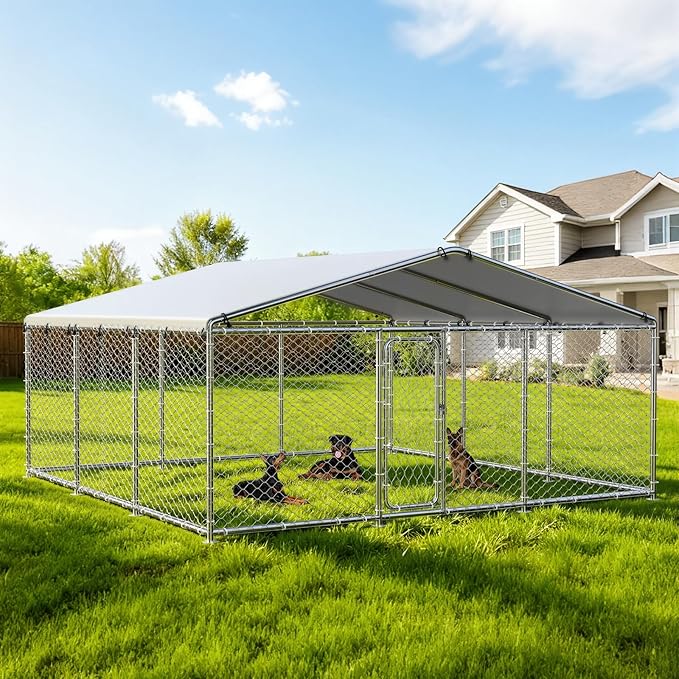 15.3'x15.3'Large Outdoor Dog Kennel Outside– Heavy-Duty Dog Enclosure with Wire Mesh Fence, Lock & Waterproof Cover for Large Dogs