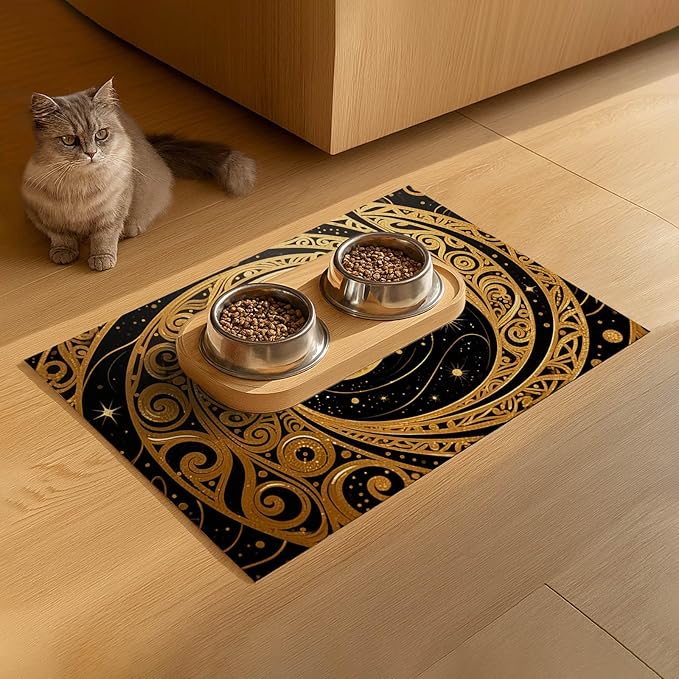 Cat Feeding Mat 24x16 inch Gold Black Artistic Cat Print Pet Bowl Placemat Non Slip Floor Mat for Food and Water Indoor Kitty Feeding Station Elegant Meal Pad for Small Pets Kitchen Use