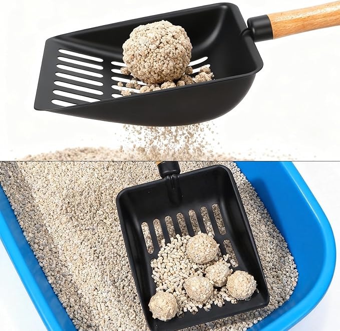 Cat Litter Scoop, Metal Litter Scoop, Heavy Duty Metal Cat Scooper for Litter Box, Black Sifter Scoop for Pellets, Wooden Handle Scoop with Hole, Kitty Necessity (9.8" Handle with Holder)