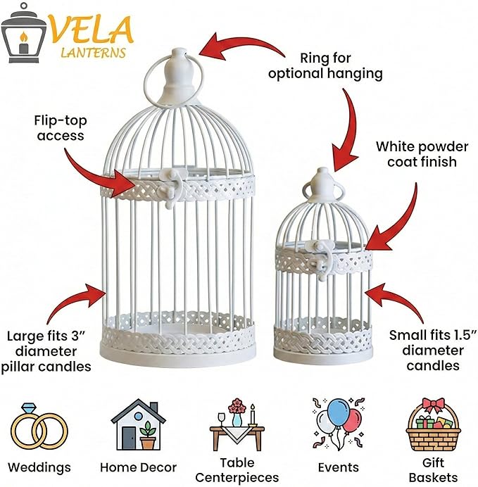 Vela Lanterns Bird Cage Decor Candle Holder Lantern Decorative Wedding Table Centerpiece Decorations, 10" and 6" Tall, White, Set of 2