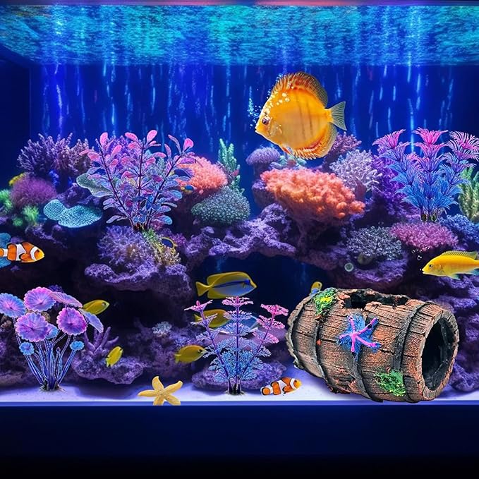Fish Tank Decoration for Aquarium Tank, Betta Fish Tank Accessories Starfish Barrel x 1pc, Aquarrium Decor Aquatic Plants x 4pcs, Aquarium Decor Starfish x 1pcs.
