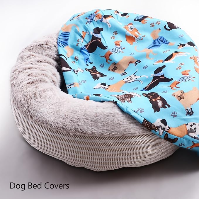 Round Replacement Dog Bed Covers Elastic Edged Washable Pet Bed Protector with Cute Dog Pattern Design for Small & Medium Pet Beds, Cover Only (Blue, 20×9.8 Inch)