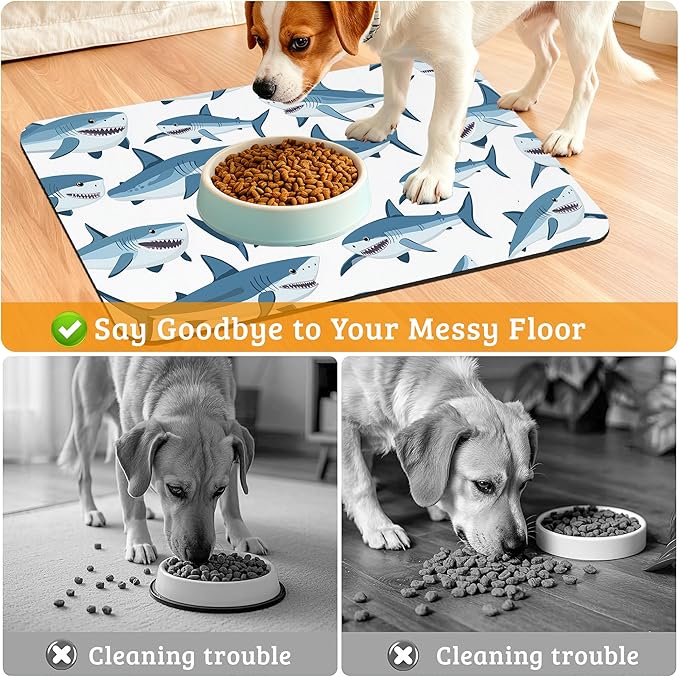 Shark Dog Food Mat,Wild Fish Absorbent Pet Feeding Mat for Food and Water Bowl,Quick Dry Dog Placemat Non Slip Rubber Backing Waterproof Pet Supplies 16" x 24"