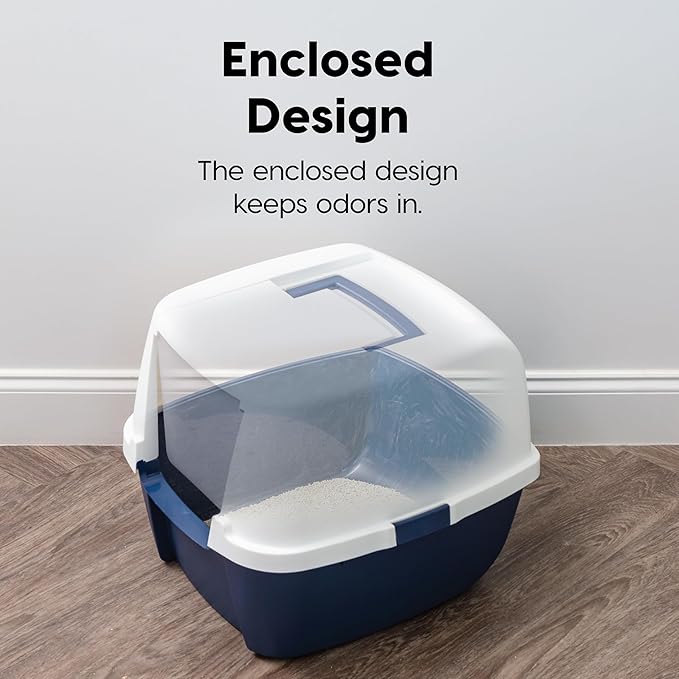 IRIS USA Cat Litter Box, Large Enclosure with Front Door Flap and Scoop, Covered Box with Handle and Buckles for Portability and Privacy, Navy/White