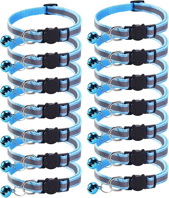 14 Pack Breakaway Cat Collar with Bell, Reflective Kitten Collar for Girl Boy Cats, Safety Buckle Adjustable 7.5-12.5 Inch, 0.4 Inch Width Lightweight, Pet Gifts (Sky Blue)