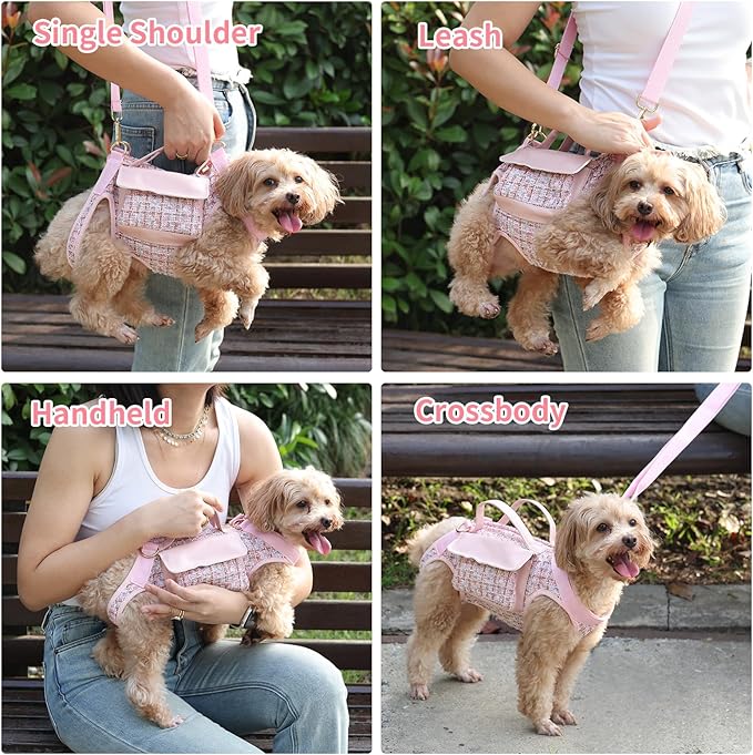 Dog Lift Harness Backpack for Small Dogs Cats, Adjustable Straps Dog Sling Carrier Full Body for Hiking, Travel, Outdoor – Pink Large