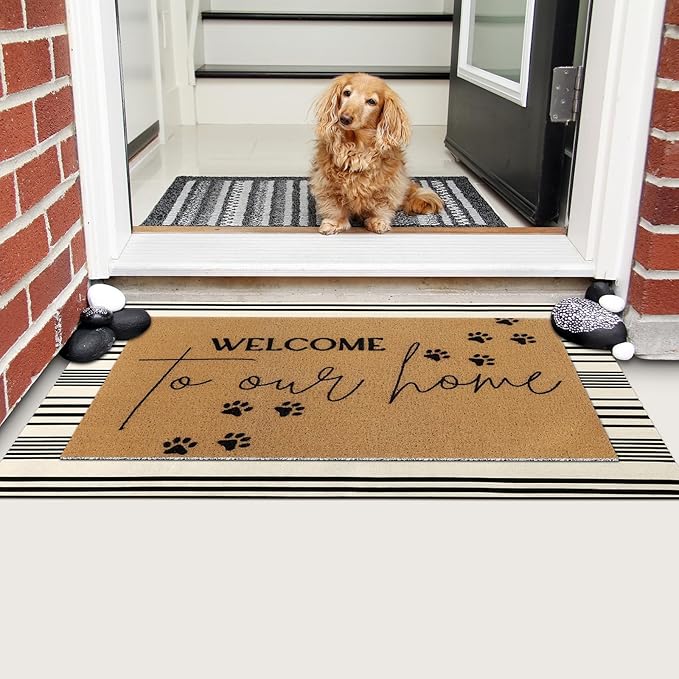 Tinideya 2 Pcs Pet Theme Door Mat Paw Welcome Non Slip Coir Mats Dog Cat Floor Layering Doormats Seasonal for Front Porch Entryway Decor(PET)