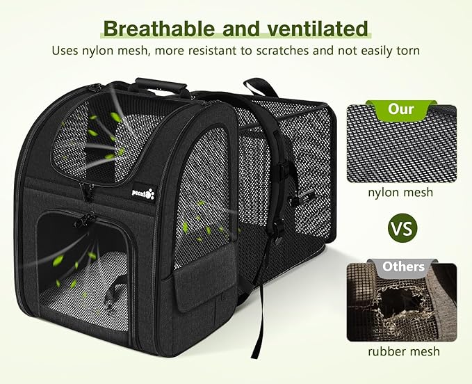 Pecute Cat Backpack Carrier Expandable, Pet Backpack for Cats & Small Dogs Up to 11lbs, with 4-Side Breathable Mesh, Multi-Entry & Lockable Zippers for Travel, Hiking, Camping - Hands Free, Black