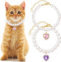2pcs Cat Pearl Collar with Heart Pendant, Cute Pearl Pet Necklace in Small, Adjustable Wedding Party Small Dog Jewelry Accessories for Puppy Kitten- Pink & Purple