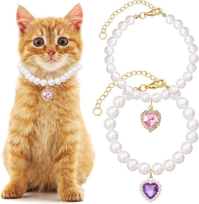 2pcs Cat Pearl Collar with Heart Pendant, Cute Pearl Pet Necklace in Small, Adjustable Wedding Party Small Dog Jewelry Accessories for Puppy Kitten- Pink & Purple