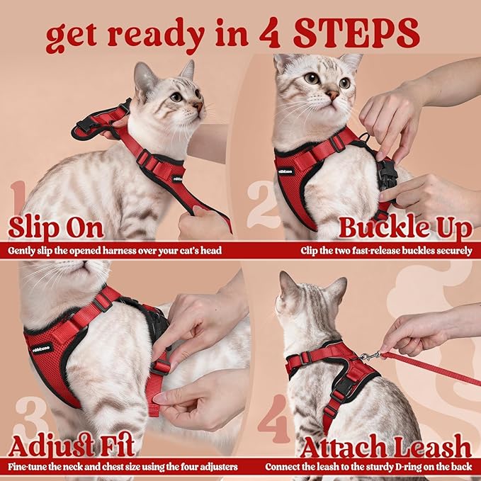 rabbitgoo Cat Harness and Leash for Walking, Escape Proof Soft Adjustable Vest Harnesses for Cats, Easy Control Breathable Reflective Strips Jacket, Red, S