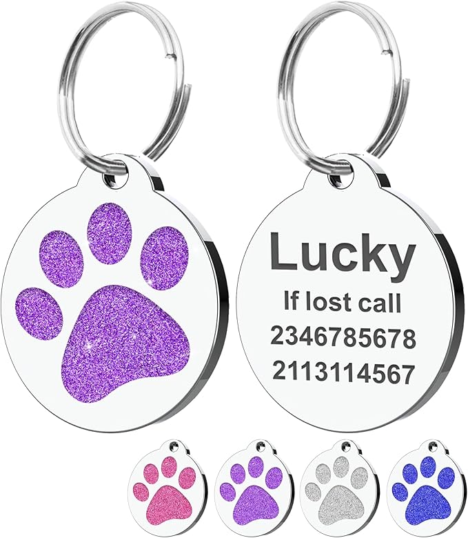 Dog Tags Personalized for Pets Dog Name Tags Personalized Dog Tag Engraved with Any Name & Text Custom Dog ID Tags Glitter Bone ID Tag for Puppy Cat (Purple-Round, L)