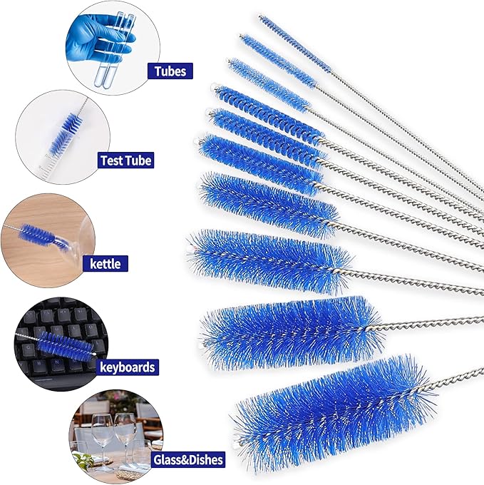 CiaraQ Bottle Cleaning Brushes, 8 Inch Nylon Tube Brush Set, Cleaner for Narrow Neck Bottles Cups with Hook, Set of 10pcs.