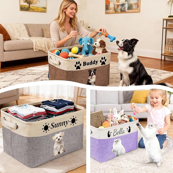 Personalized Dog Cat Toy Storage Basket with Photo & Name, Custom Collapsible Pet Organizer Bin with Handles for Toys, Clothes, Blankets & Pet Supplies