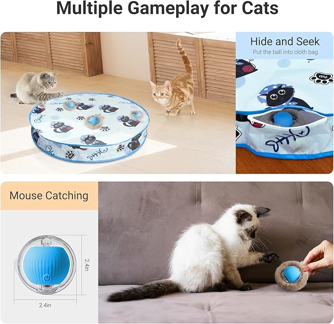 Interactive Cat Toys for Indoor Cats Automatic Motion Activated Moving Ball Hide and Seek Game for Indoor, Cat Balls with 28 Inch Play Mat