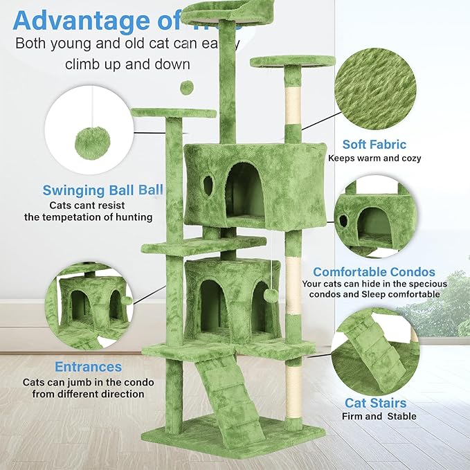 FDW | 70" Cat Tree Tower | Green | Multi-Level Indoor Activity Center with Sisal Scratching Posts, Condos, Plush Perches, Hanging Cat Toys | Sturdy, Easy to Assemble | for Kittens & Adult Cats