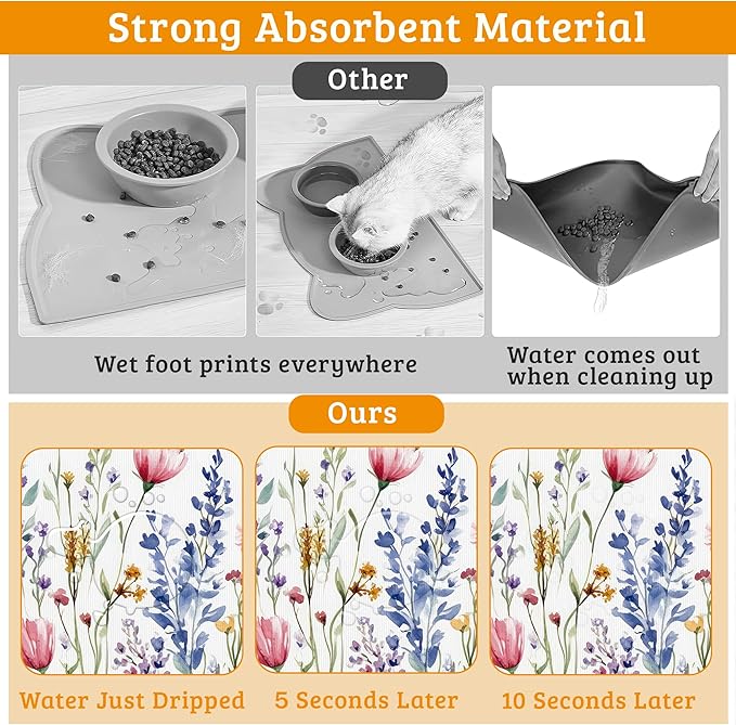 Flowers Butterfly Dog Food Mat,Colorful Absorbent Pet Feeding Mat for Food and Water Bowl,Quick Dry Dog Placemat Non Slip Rubber Backing Waterproof Pet Supplies 12" x 20"