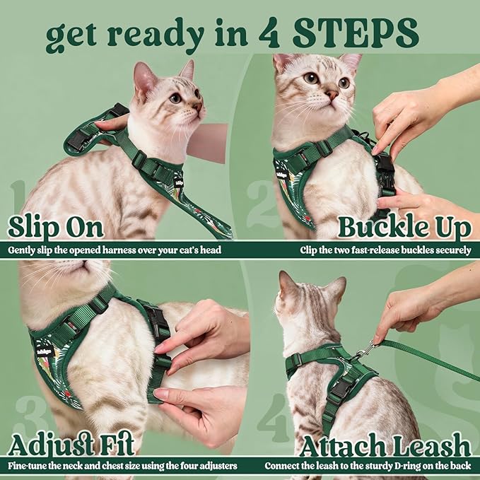 rabbitgoo Cat Harness and Leash for Walking, Escape Proof Soft Adjustable Vest Harnesses for Cats, Easy Control Breathable Reflective Strips Jacket,Rainforest Green,XXS