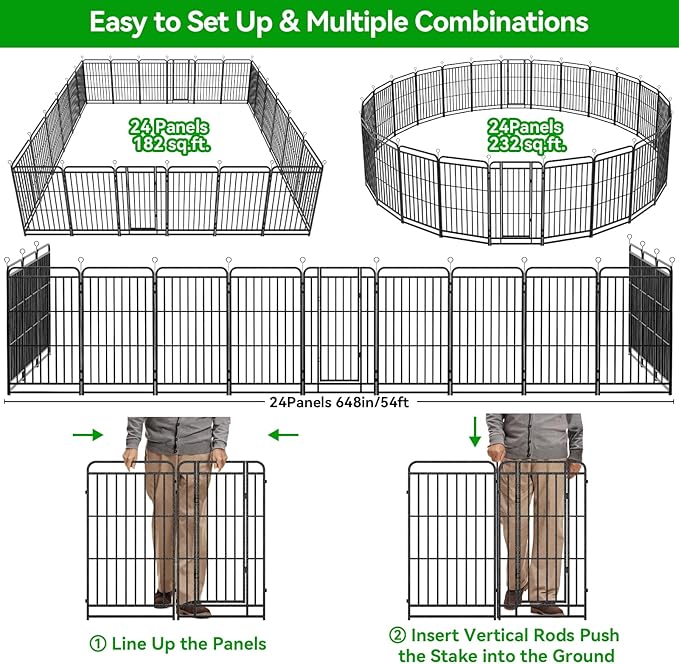 Heavy Duty Dog Playpen: 24 Steel Panels 47" Height, Square Steel Pipe with Reinforced Crossbars, 54FT 227 Sq.ft Portable Fence for Yard RV Camping, Snowy Black