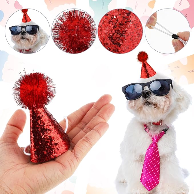 10 Pack Mini Small Dog Hats Cat Birthday Party Hat with Sequins Puppy, Birthday Party Hats Cats Adjustable Holiday Hat, Felt Pom Pom Headband Pet Grooming Costume Accessories