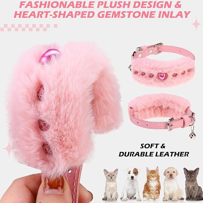 EXPAWLORER Valentine's Day Cat Collar - Adjustable Furry Leather Cat Collars with Pearls and Gemstones for Girl Boy Cats, Elegant Plush Pet Collar with Bell & Durable D-Ring, Pink