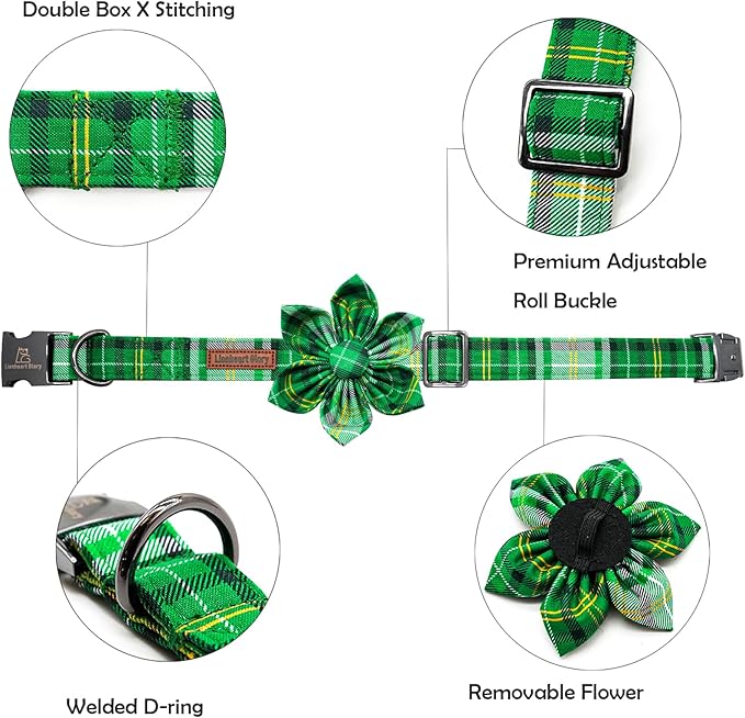 Lionheart glory St. Patrick's Day Dog Collar with Flower Dog Collar for Large Dogs, Green Plaid Cute Collars Spring Dogs Collars Flower Puppy Heavy Duty Cute