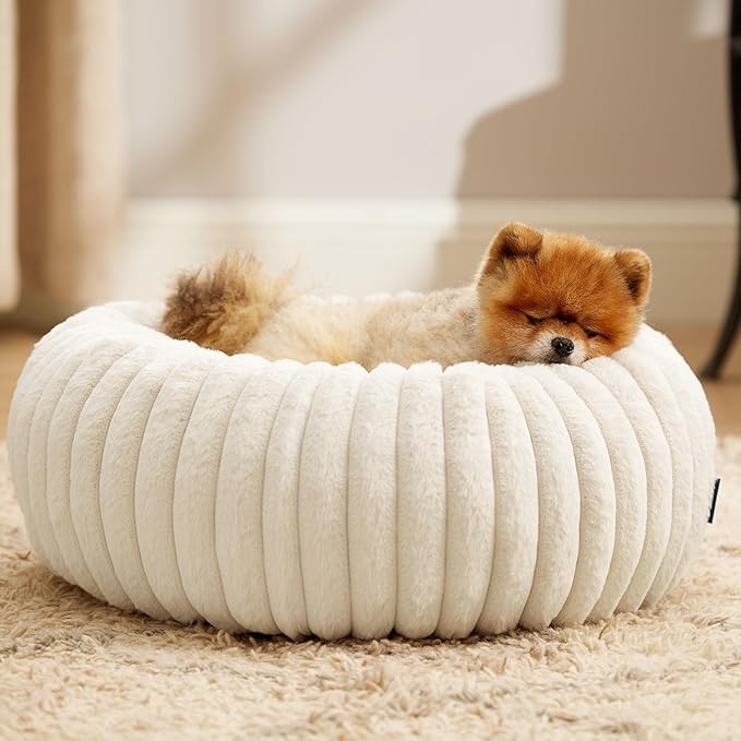 Bedsure ComfyFleece™ Donut Small Dog Bed - Dog Beds for Small Dogs with Corduroy Fleece & Anti Slip Bottom, Round Faux Fur Pet Beds with Washable Removable Cover, Cream, 23x23x7 inches