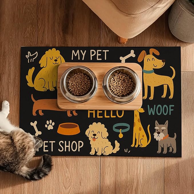 Cute Happy Dog Pattern Design Pet Food Mat 20" x 12" Fun Easy Clean Pet Feeding Mat Absorbent Cat Bowl Mat Non Slip Dog Foods Mats Pets Placemat for Dogs and Cat Feeding