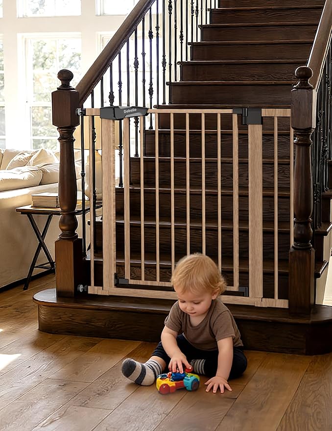 Mom's Choice Award Winner-BABELIO 26-40" Metal Baby Gate with Wood Pattern, PressGuard C5 Easy Install Pressure Mounted Dog Gate for Stairs and Doorways, with Wall Protectors and Extension Kits