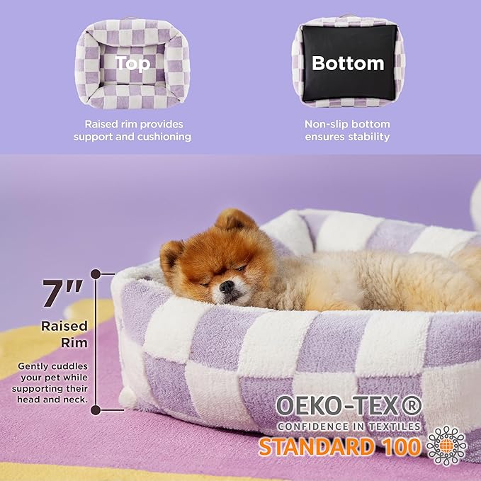 LE SURE Cute Dog Bed for Small Dogs - Washable Puppy Beds,Cozy Rectangle Orthopedic Pet Sofa with Jacquard Shaggy Plush & Anti Slip Bottom,25x21x7inches