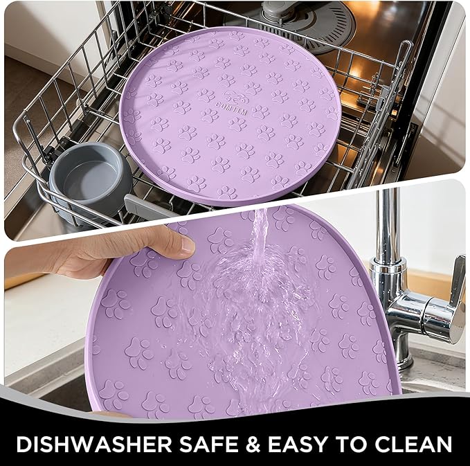 Comtim Waterproof Dog Food Mat - 2 Pack Silicone Pet Food Mat Dog Food Bowl Mats Cat Water Mats Eating Tray, Non-Slip Pet Placemat with Lip for Messy Drinkers to Protect Floor, Lavender 11"×11"