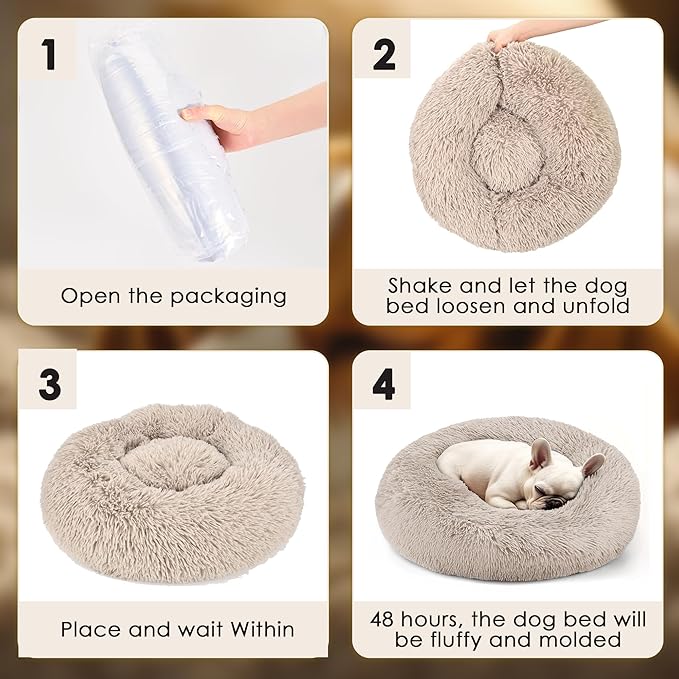 28in Large Dog Bed, Medium Size Dog and Cats, Calming Donut Bed for Puppy and Kitten, Washable Round Fluffy Pet Bed (Brown)