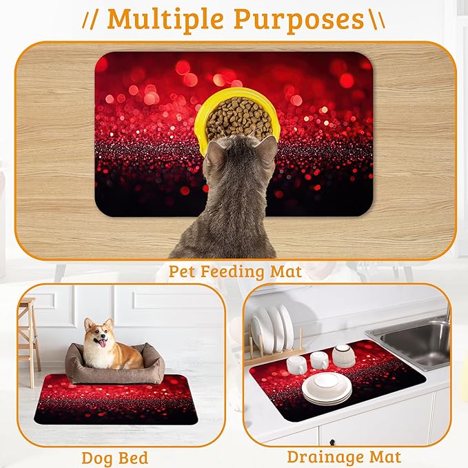 Red Gradienr Feeding Mat,Black Glitter Absorbent Quick-Dry Cat Dog Food and Water Bowl Mats,Non-Slip Rubber Backing Mat,Cat Dog Accessories Supplies 16" x 24"
