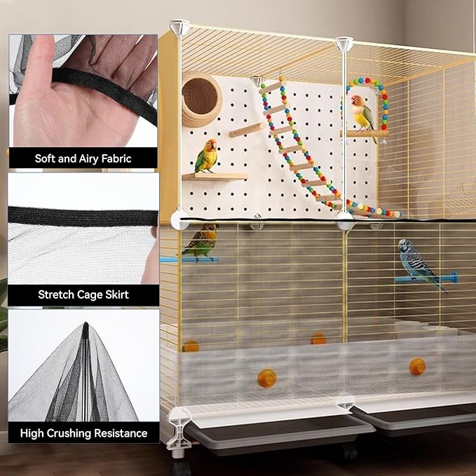 2PCS Bird Cage Cover, Bird Cage Seed Catcher, Birdcage Cover Skirt, Airy Nylon Guard Net for Parrot Parakeet Macaw Round Square Cages (Black, 110-220 cm/43.31-86.61 in)