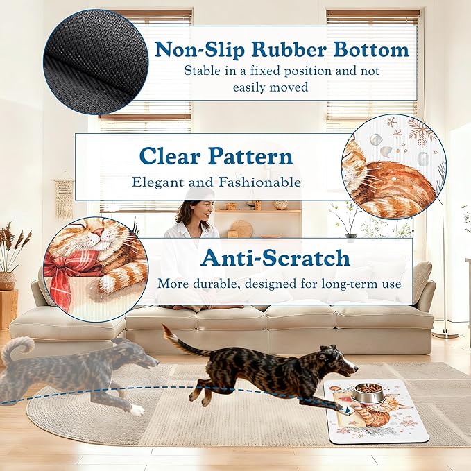 Cat Dog Cat Food Mat–Christmas Stocking Absorbent Waterproof Placemat for Food and Water Bowls, Non Slip Rubber Backing, Feeding Mat for Clean Floors 12"x20"