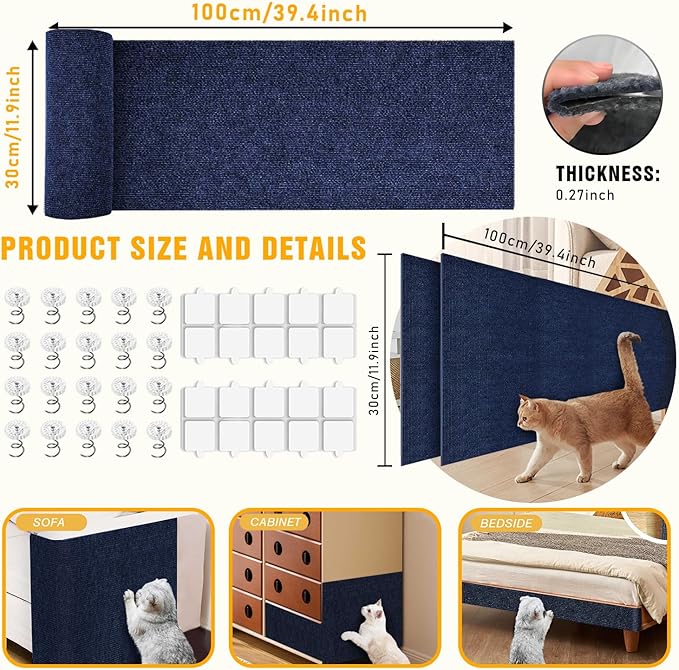 Cat Scratch Mat, 3PCS 39.4"x11.9" DIY Trimmable Self-Adhesive Cat Scratching Mat, Couch Protector from Cats Claw, Indoor Furniture Protector for Cats Scratching (Dark Blue)