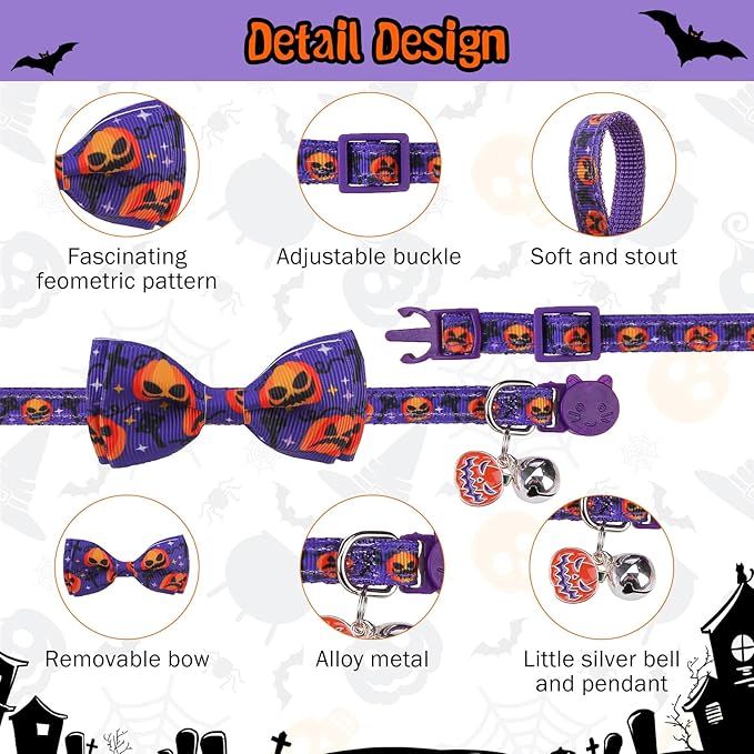 SCENEREAL Halloween Cat Collar Breakaway 3 Pack, Safety Collars, Pet Accessory for Outdoor and House Cats Kittens, Orange Purple
