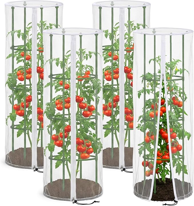 4 Pcs Garden Bird Netting for Round Plant Cage, 59" x 18" Tomato Cage Garden Net Cover with Zipper, Tomato Trellis Insect Bird Barrier Protection Mesh for Vertical Climbing Plants Vegetables Fruits