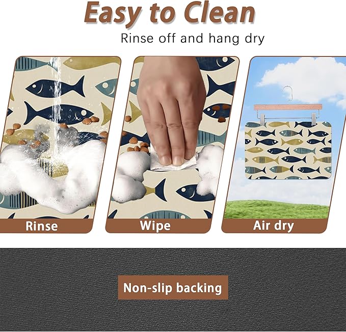 Fish Boho Dog Food Mat for Floors,Ocean Absorbent Quick-Dry Pet Feeding Mat,Cat Dog Bowl Mats for Food and Water,Non-Slip Pet Accessories Supplies 16"x24"