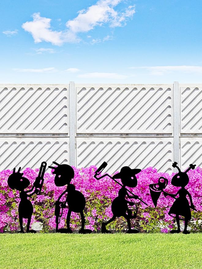 4 Piece Metal Ant Garden Decorative Stakes - Black Working Farm Yard Art Decor. Outdoor Art for Pathway & Lawn Patio Backyard Decoration Set