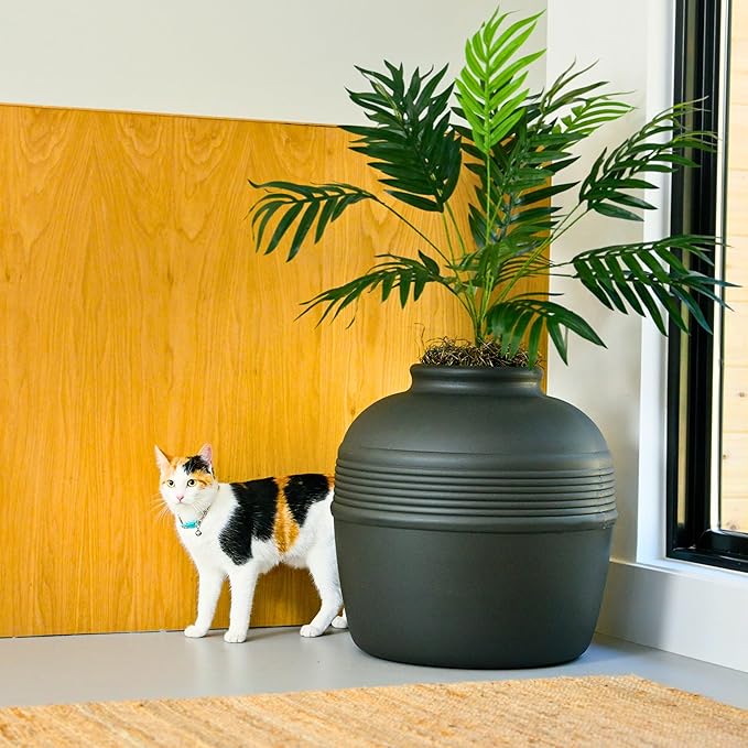 Good Pet Stuff Hidden Litter Box Planter, Decorative Cat Litter Enclosure with Carbon Filter, Artificial Plant, Easy Clean, Indoor Design, Original Round Style, Essentials Kit, Black Suede