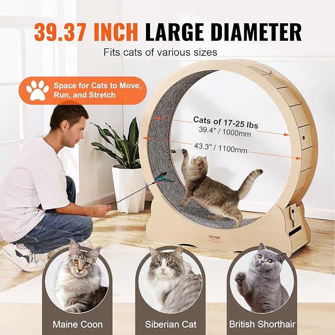 VEVOR Wooden Cat Exercise Wheel, 43.3" Large Cat Treadmill Wheel for Indoor Cats, Cat Running Wheel with Detachable Carpet & Cat Teaser for Running/Walking/Training, Suitable for Most Cats Yellow