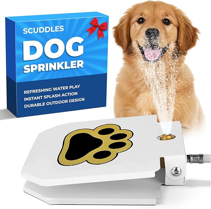 Scuddles Dog Sprinkler, Paw Activated Water Fountain, Outdoor Dog Water Sprinkler with Copper Valve, Easy Step-On Pedal, Perfect For Dogs to Stay Cool and Hydrated, Hose Attachment and Training Guide,
